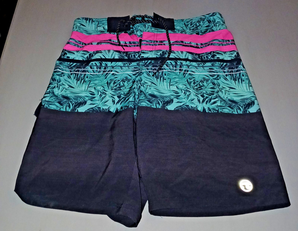Mens Lined Board Swim Shorts Med Black Tropical Fly Cargo Pocket Lace Up Beach
